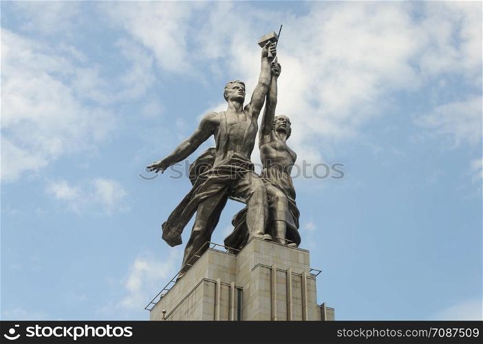 Sculpture Worker and Kolkhoz Woman (Worker and Collective Farmer) by Soviet sculptor Vera Mukhina (1937) near VDNKh park in Moscow, Russia. Made of stainless steel.