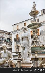 Sculptures of Fountain of Shame (Fontana Pretoria, 1574) in Palermo, Sicily, Italy