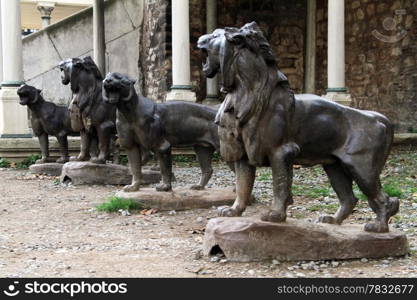 Sculptures of lion in the inner yard of Topkapi palace in Istanbul, Turkey