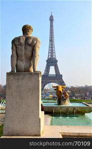 Sculptures on Trocadero and Eiffel Tower in Paris, France