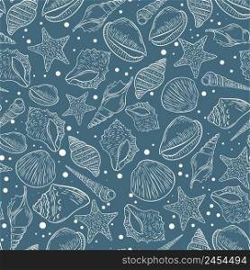 Sea abyss with seashell seamless pattern. Background white silhouette oceanic mollusks on blue background. Template for fabric, wrapping, wallpaper and design vector illustration. Sea abyss with seashell seamless pattern