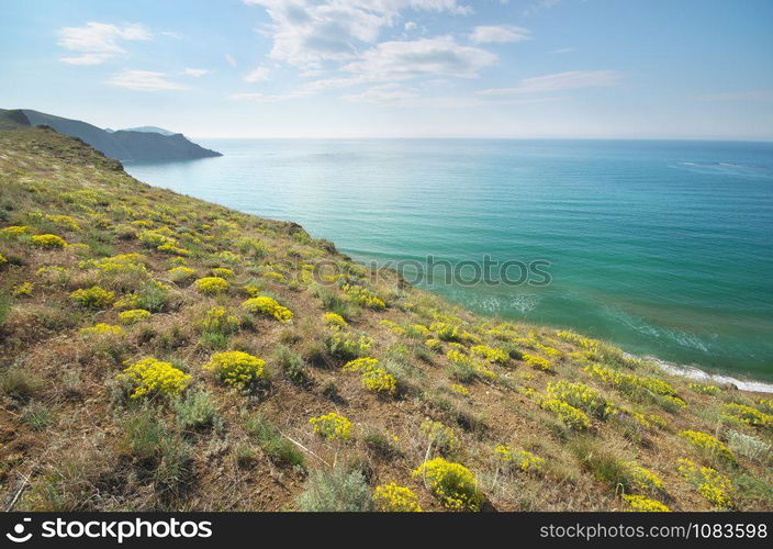 Sea and mountain spring bay. Nature lanscape composition.