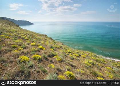 Sea and mountain spring bay. Nature lanscape composition.