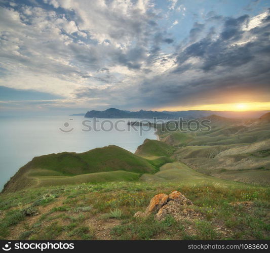 Sea and mountains spring bay. Nature landscape composition.