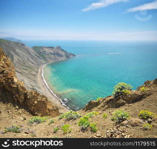 Sea and mountains spring bay. Nature landscape composition.