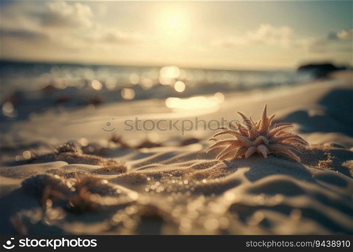 Sea anemone close-up on picturesque romantic beach setting, created with Generative AI technology