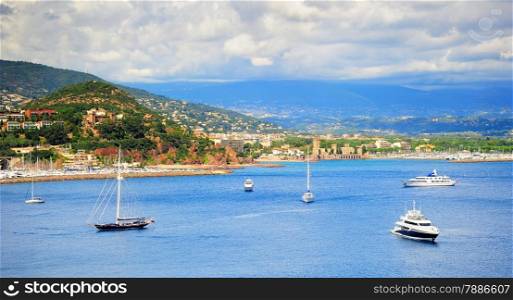 Sea bay panorama with luxury yachts and boats. French Riviera, Azure Coast or Cote d Azur, Provence, France