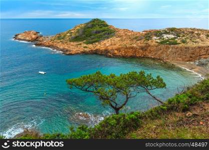 Sea bay summer view with small wild beach and conifer trees in front. Costa Brava, Catalonia, Spain.