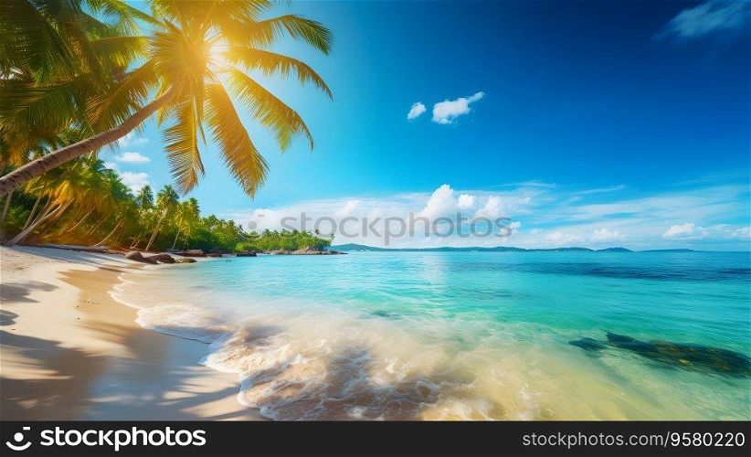 Sea beach with turquoise water. Sunlight palm trees and copy space. Generative AI