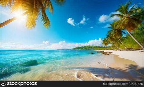 Sea beach with turquoise water. Sunlight palm trees and copy space. Generative AI