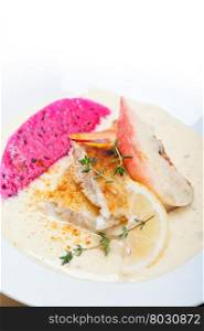 sea bream orata fillet butter pan fried with fresh peach prune and dragonfruit slices thyme on top