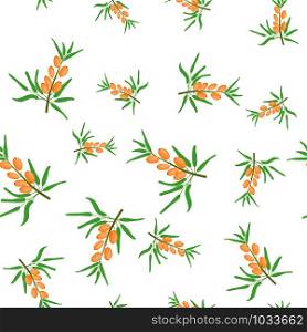 Sea buckthorn, branch with berries. Seamless pattern. Vector illustration, flat style. Food, dessert, medicine. Sea buckthorn, branch with berries. Seamless pattern. Vector illustration, flat style