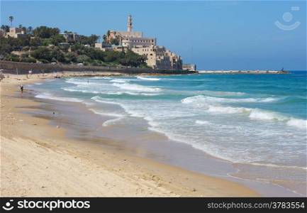 Sea coast and the view of the Old Jaffa from Tel Aviv