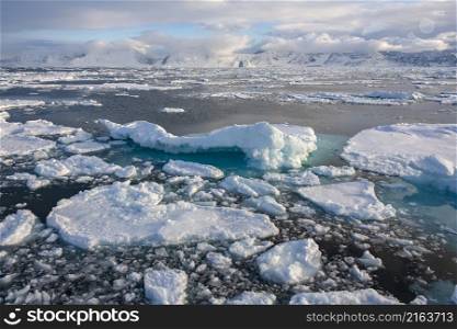 Sea ice in the North Atlantic Ocean off the northeast coast of Greenland.