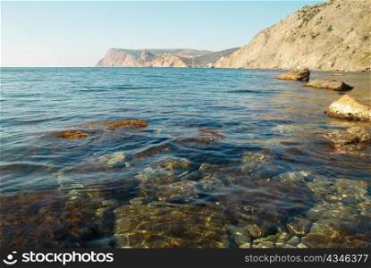 Sea landscape with rocks and water surface.