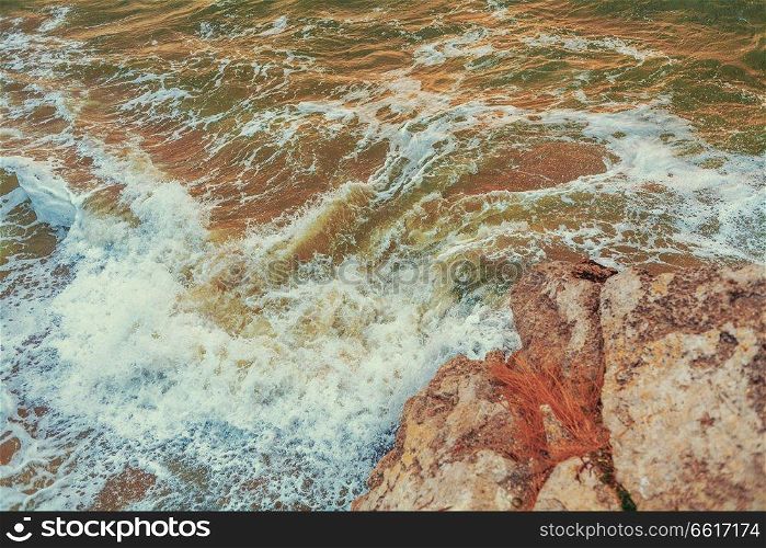 Sea landscape with waves and cliffs, copyspace. Sea landscape with waves and cliffs