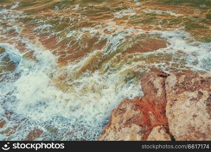 Sea landscape with waves and cliffs, copyspace. Sea landscape with waves and cliffs