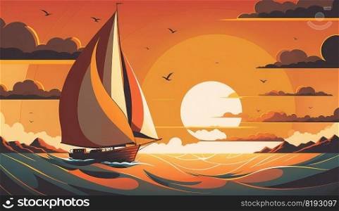 sea landscape wooden boat. water ocean, travel nature, background view, sky old, ship blue sea landscape wooden boat ai generated illustration. sea landscape wooden boat ai generated