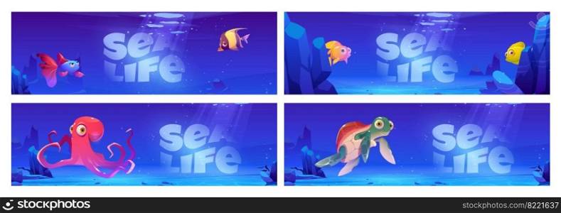 Sea life cartoon banners with underwater fishes and animals turtle and octopus on ocean bottom with rocks around. Wild cute creatures with big eyes, marine characters, Cartoon vector illustration. Sea life cartoon banners with underwater animals