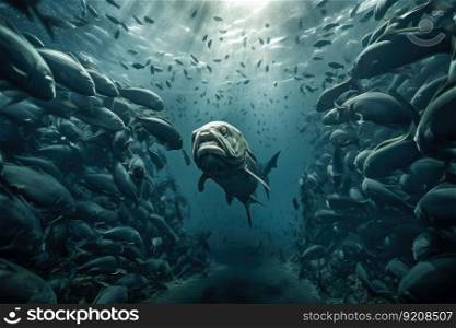 sea monster swimming among schools of fish, with underwater view, created with generative ai. sea monster swimming among schools of fish, with underwater view