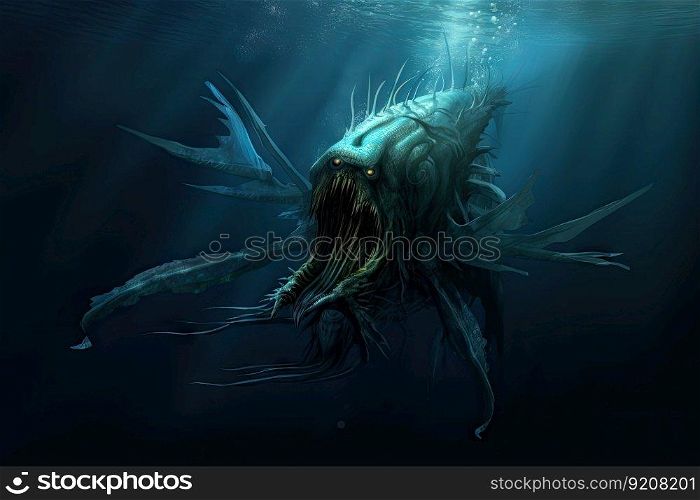 sea monster swimming through the depths of ocean, its fins through the water, created with generative ai. sea monster swimming through the depths of ocean, its fins through the water