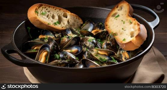 sea mussels with garlic croutons and herbs generative ai.