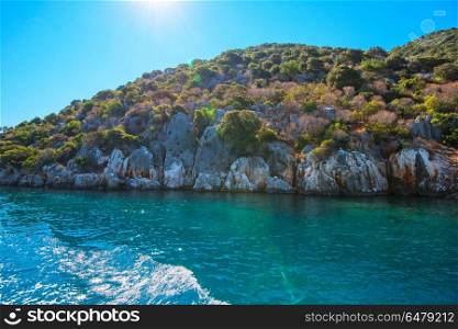 Sea, near ruins of the ancient city on the Kekova island, Turkey. ancient city on the Kekova. ancient city on the Kekova