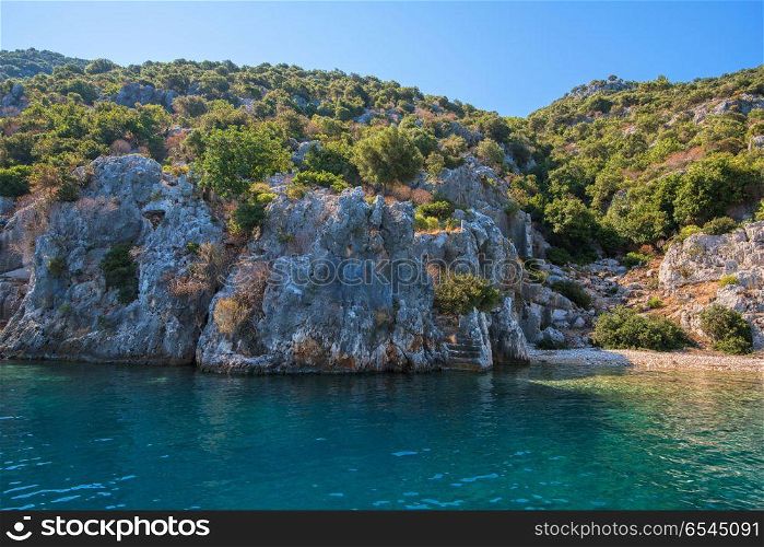 Sea, near ruins of the ancient city on the Kekova island, Turkey. ancient city on the Kekova. ancient city on the Kekova