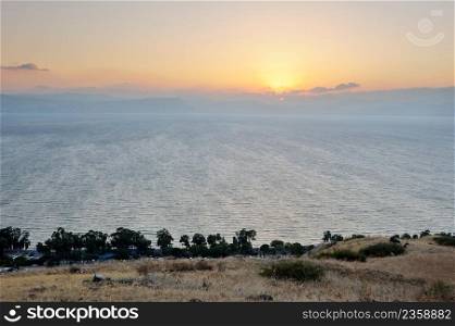 Sea of Galilee  Kinneret , the largest freshwater lake in Israel. Lake Kinneret on the Sunset