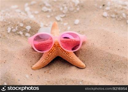 sea pink star with glasses on send summer beach generative ai.