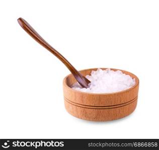 Sea salt in a wooden cup and spoon