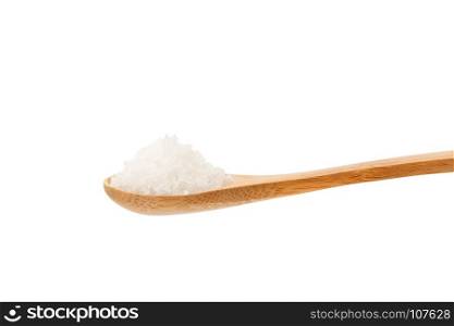 Sea salt in wooden spoon isolated on white background with clipping path