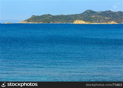 Sea scenery with camp on shore, view from coast (Ouranoupoli, Athos peninsula, Chalcidice, Greece).