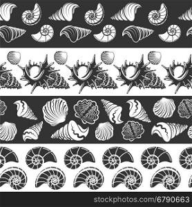 Sea seamless borders. Sea seamless borders vector illustration. Monochromic patterns with sea shells