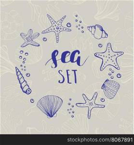 Sea shell background. Hand drawn sea elements shells, stars and corals in a circle shape frame