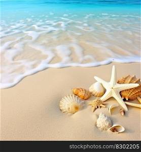 Sea shells starfish tropical sand turquoise caribbean. Generative AI.