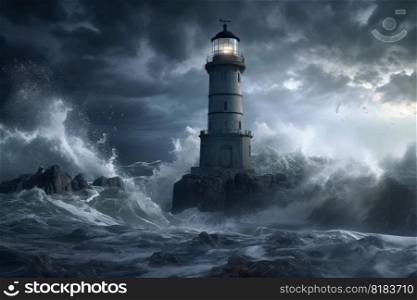Sea storm near lighthouse. Dark sky. Generate Ai. Sea storm near lighthouse. Generate Ai