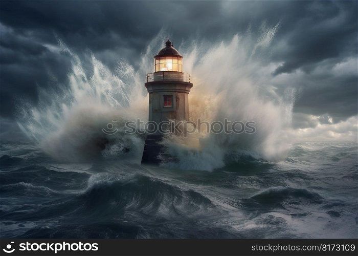 Sea storm splash on lighthouse. Sea big wave. Generate Ai. Sea storm splash on lighthouse. Generate Ai
