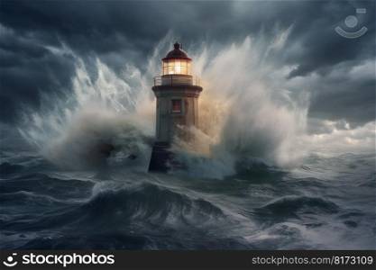 Sea storm splash on lighthouse. Sea big wave. Generate Ai. Sea storm splash on lighthouse. Generate Ai