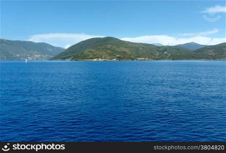 Sea summer coastline view from train ferry on way from Kefalonia to Lefkada (Greece)