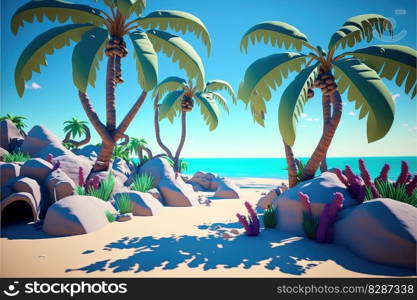 Sea summer sunlight background in cartoon design with white sand beach, palm leaves, coconut tress. Finest generative AI.. Sea summer sunlight background in cartoon design with white sand beach.