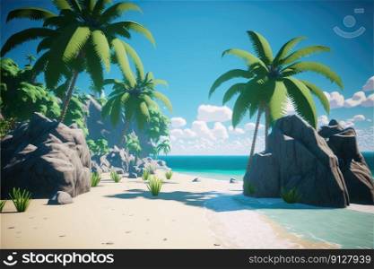 Sea summer sunlight background in cartoon design with white sand beach, palm leaves, coconut tress. Finest generative AI.. Sea summer sunlight background in cartoon design with white sand beach.