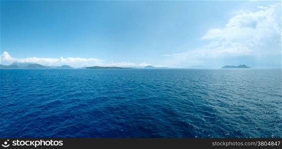 Sea summer view from train ferry on way from Kefalonia to Lefkada (Greece). Panorama.