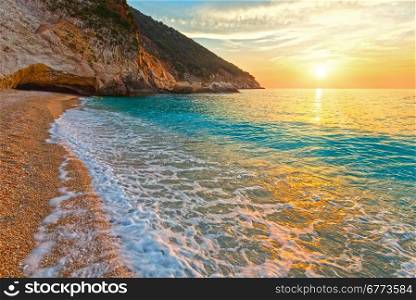 Sea sunset Myrtos Beach view (Greece, Kefalonia, Ionian Sea).