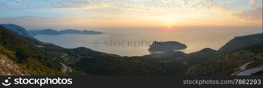 Sea sunset view of Assos peninsula (Greece, Kefalonia, Ionian Sea). Panorama.
