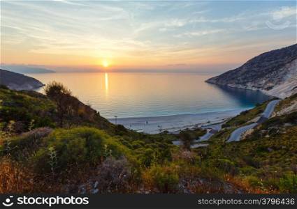 Sea sunset view of Myrtos Beach (Greece, Kefalonia, Ionian Sea).