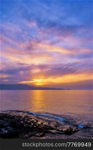 Sea sunset with dramatic sky seascape. Crete island, Greece. Sea sunset with dramatic sky