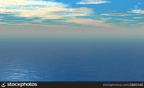 Sea. The calm surface of the water. Above the horizon thick fog. In the blue sky clouds float. Bright sun sinks into the fog and half-hidden in it. The camera is fast approaching the sun and increases it.