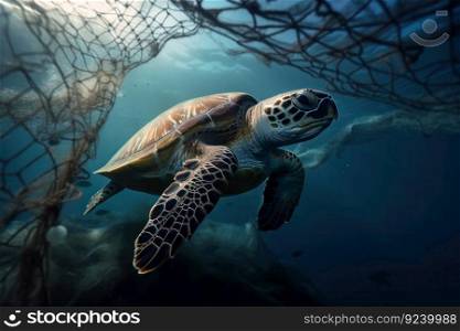 Sea turtle glides through the ocean, a reminder of the beauty of marine life and the need for conservation efforts. AI Generative.