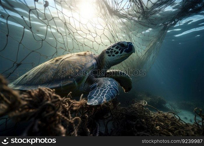 Sea turtle gracefully swimming through crystal-clear water, surrounded by vibrant aquatic plants and creatures. The image is a reminder of the beauty and fragility of the natural world. AI Generative.